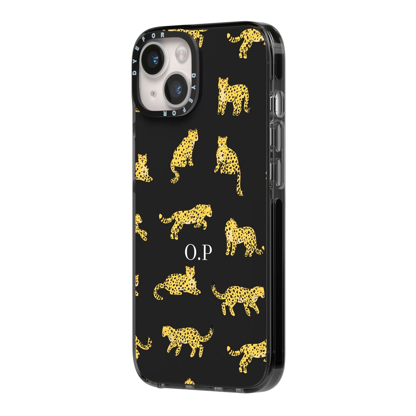 Prowling Leopard iPhone 14 Black Impact Case Side Angle on Silver phone