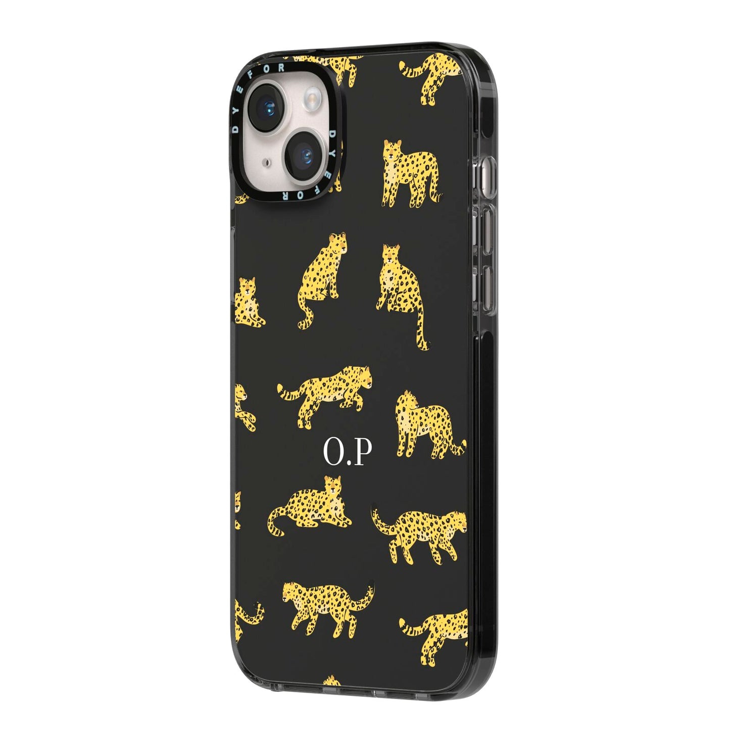 Prowling Leopard iPhone 14 Plus Black Impact Case Side Angle on Silver phone