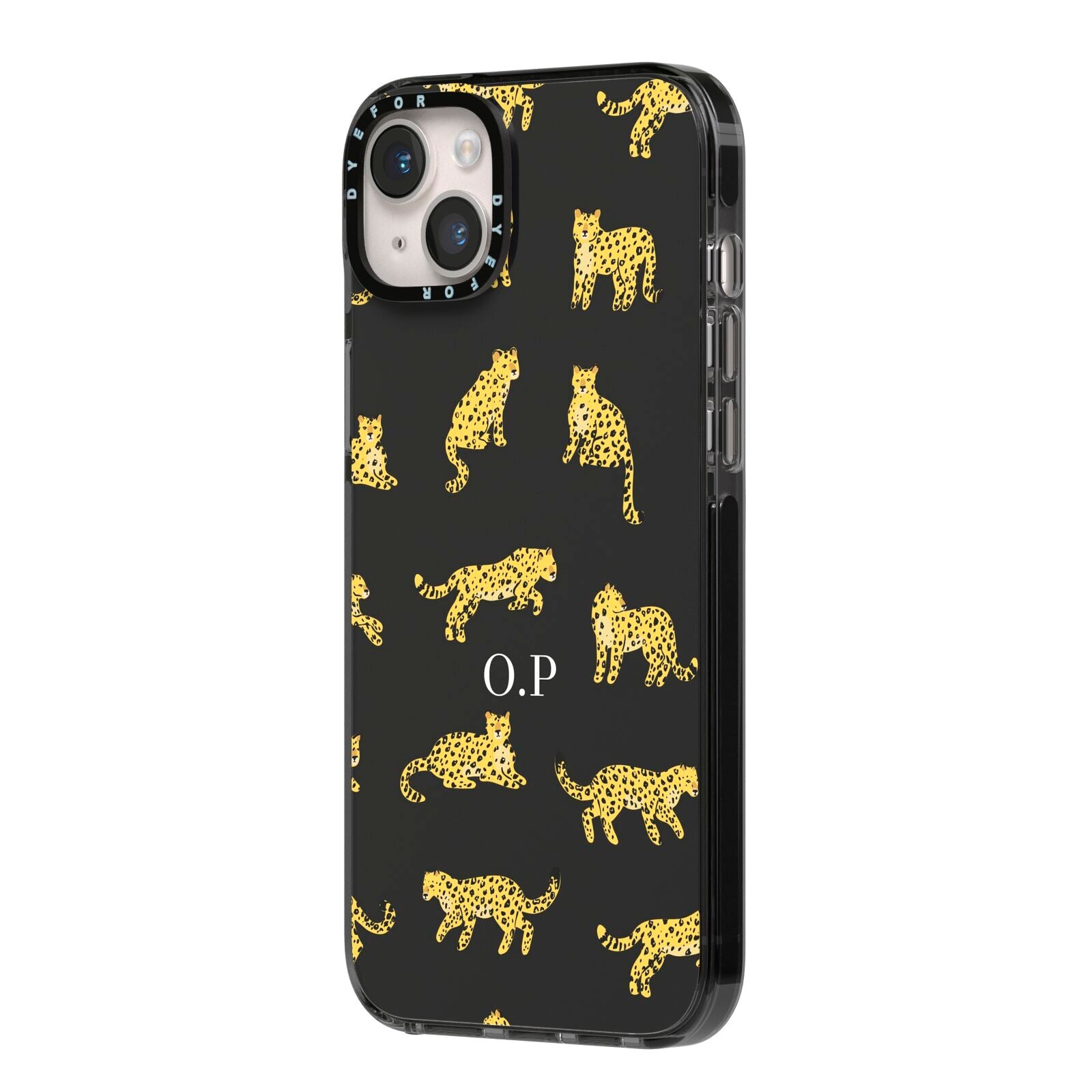 Prowling Leopard iPhone 14 Plus Black Impact Case Side Angle on Silver phone