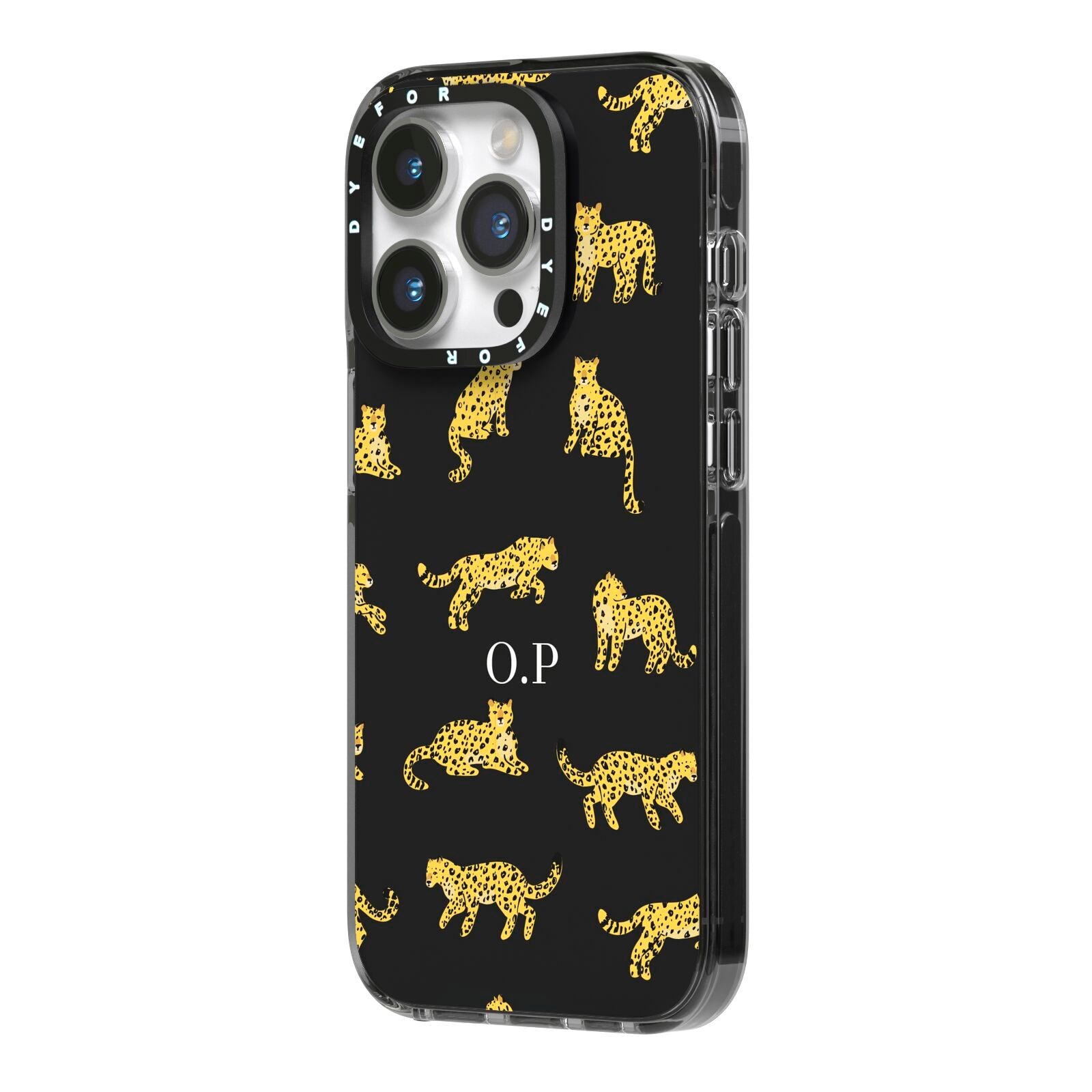 Prowling Leopard iPhone 14 Pro Black Impact Case Side Angle on Silver phone