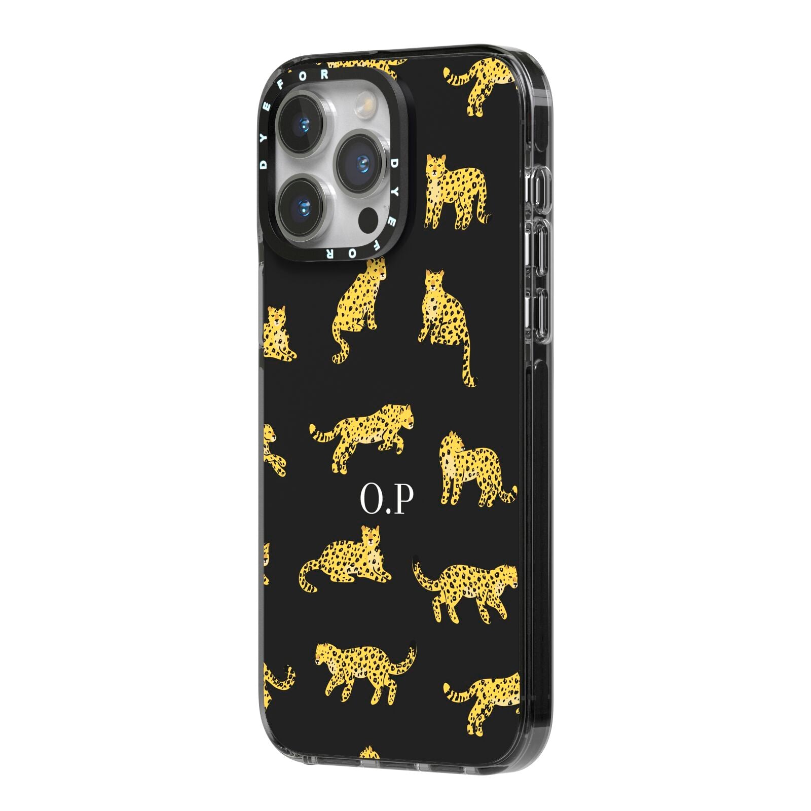 Prowling Leopard iPhone 14 Pro Max Black Impact Case Side Angle on Silver phone