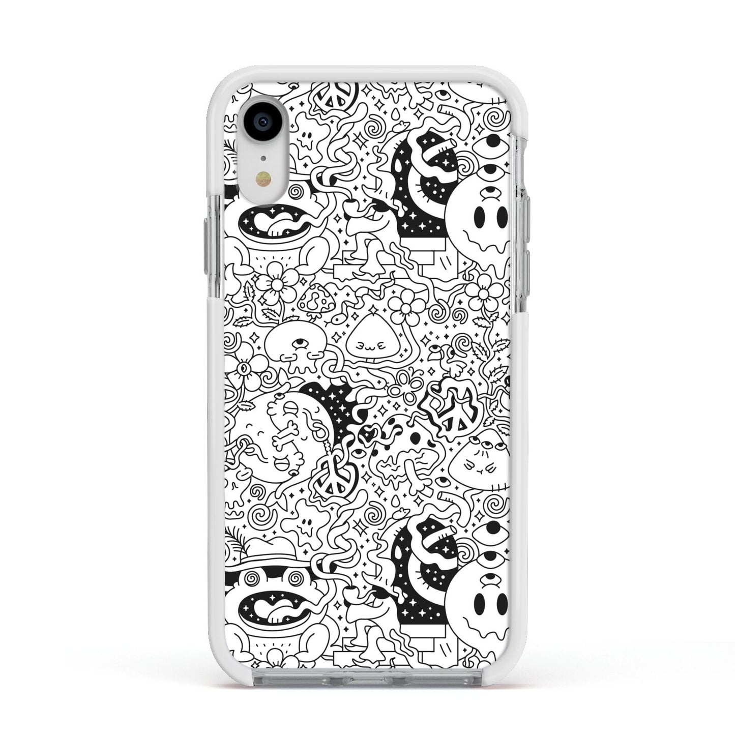 Psychedelic Cartoon Apple iPhone XR Impact Case White Edge on Silver Phone