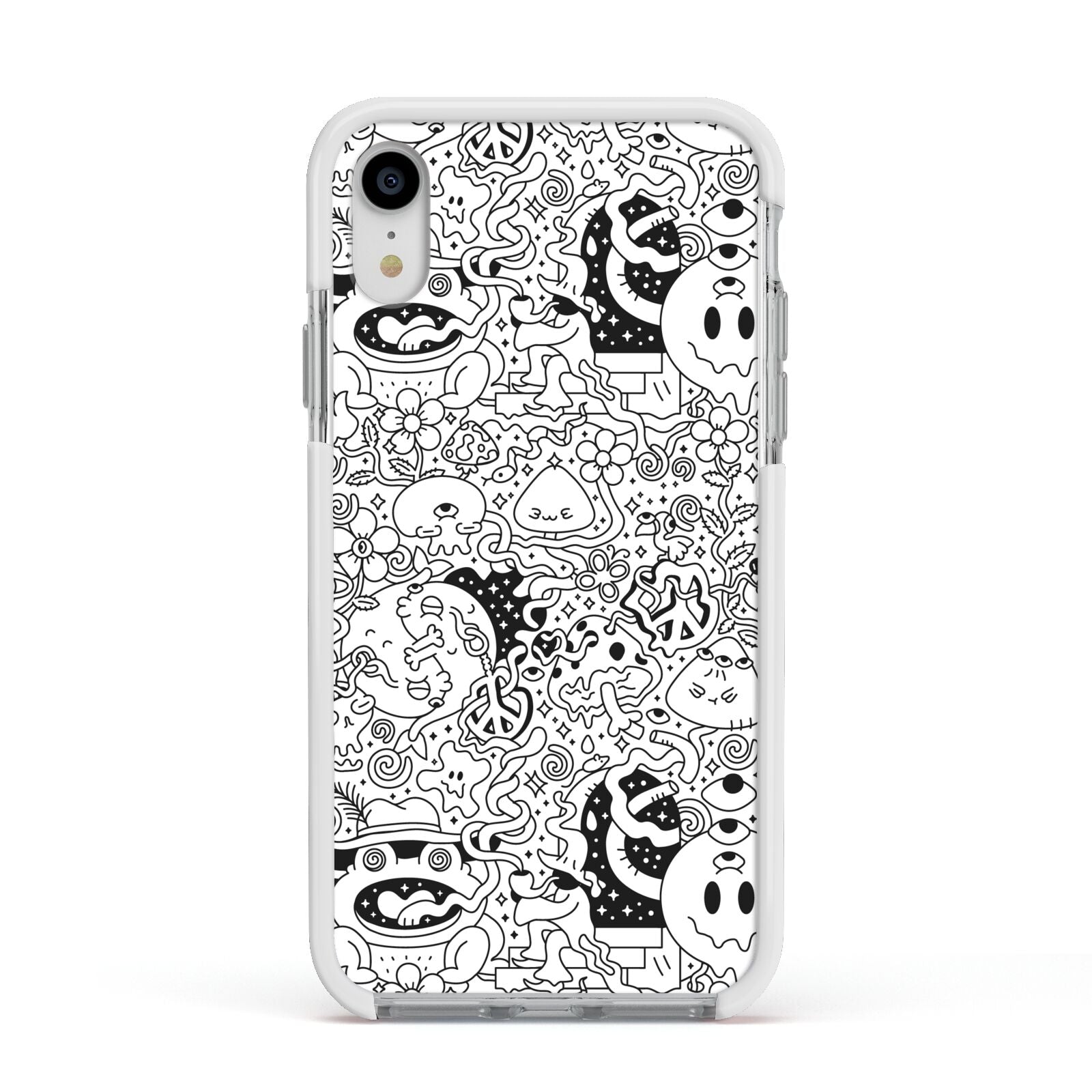 Psychedelic Cartoon Apple iPhone XR Impact Case White Edge on Silver Phone