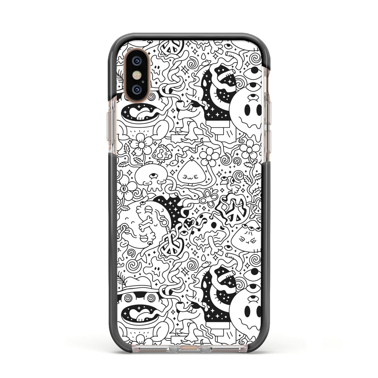 Psychedelic Cartoon Apple iPhone Xs Impact Case Black Edge on Gold Phone