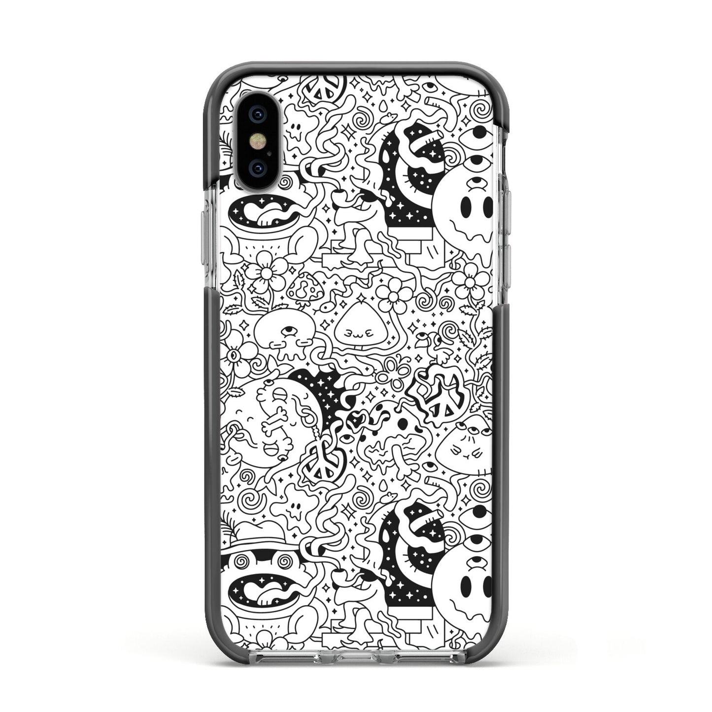 Psychedelic Cartoon Apple iPhone Xs Impact Case Black Edge on Silver Phone