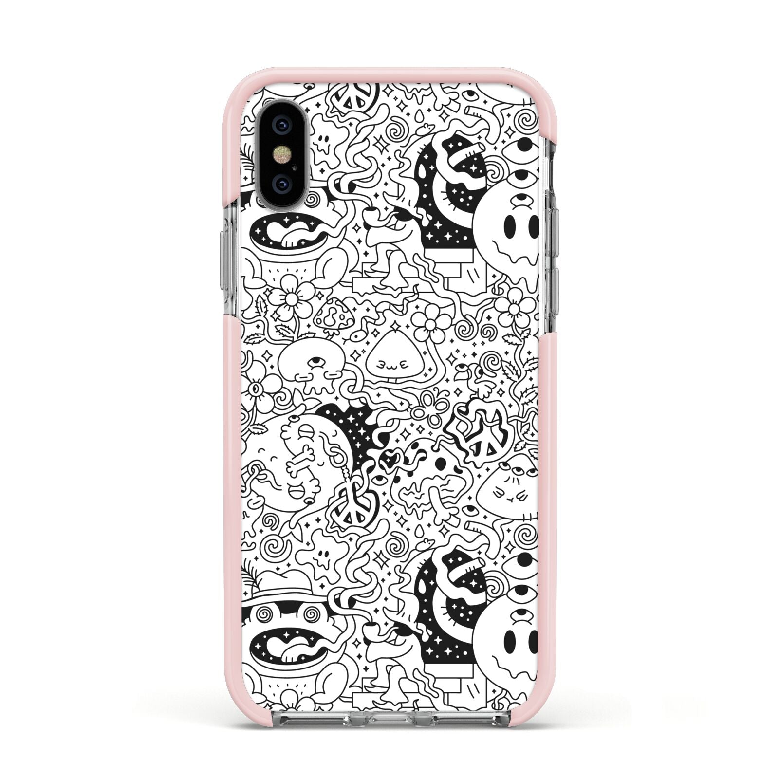 Psychedelic Cartoon Apple iPhone Xs Impact Case Pink Edge on Silver Phone