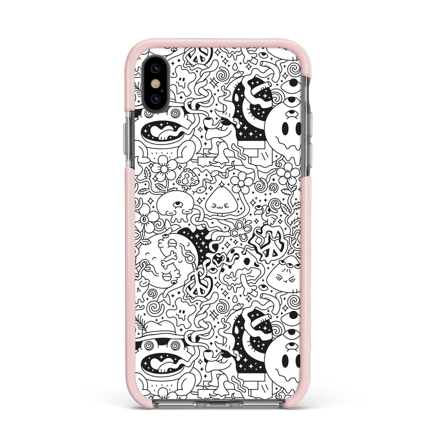 Psychedelic Cartoon Apple iPhone Xs Max Impact Case Pink Edge on Black Phone