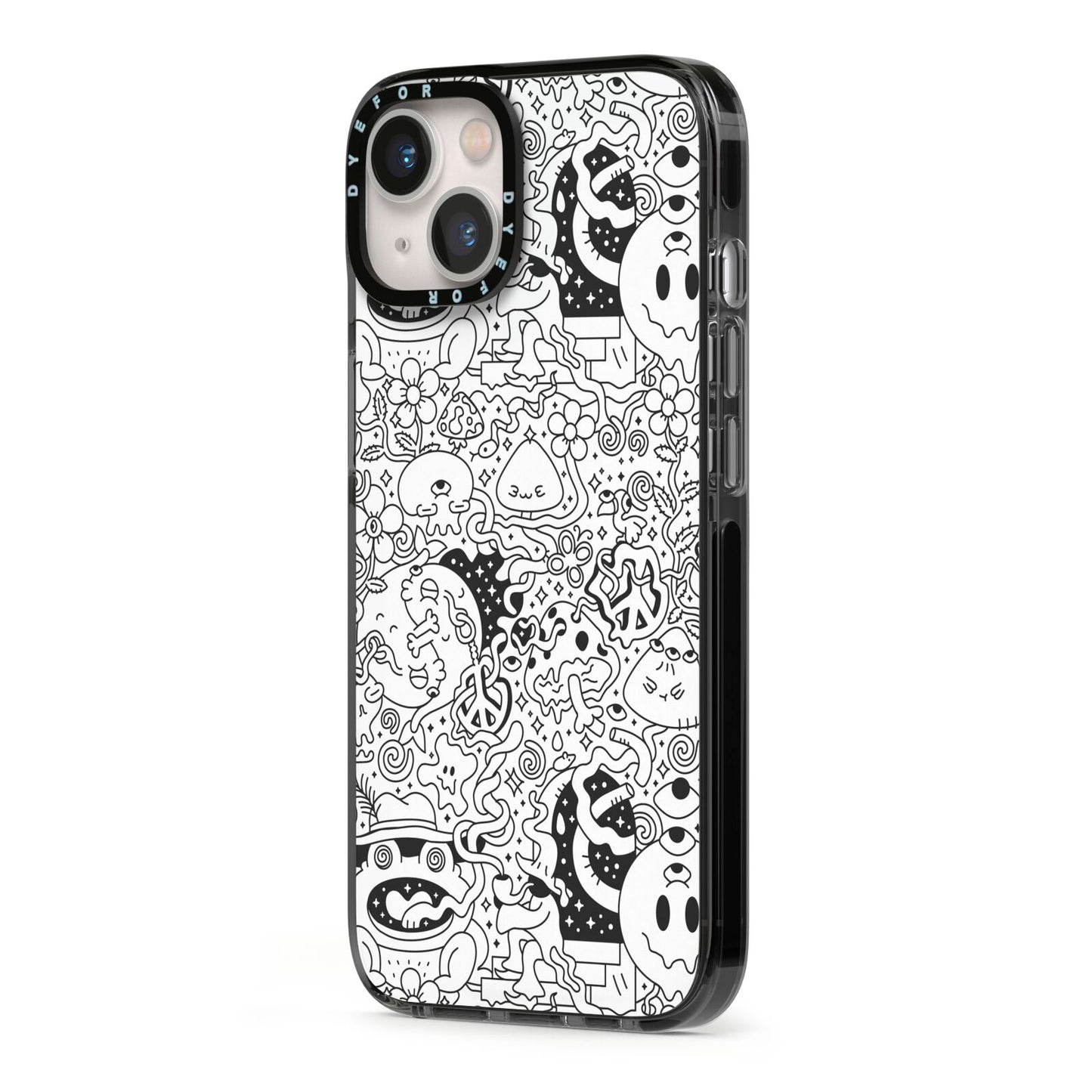 Psychedelic Cartoon iPhone 13 Black Impact Case Side Angle on Silver phone