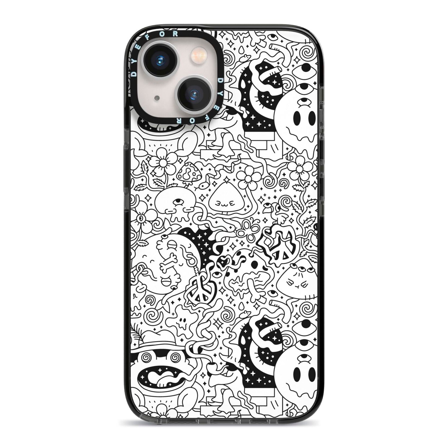 Psychedelic Cartoon iPhone 13 Black Impact Case on Silver phone
