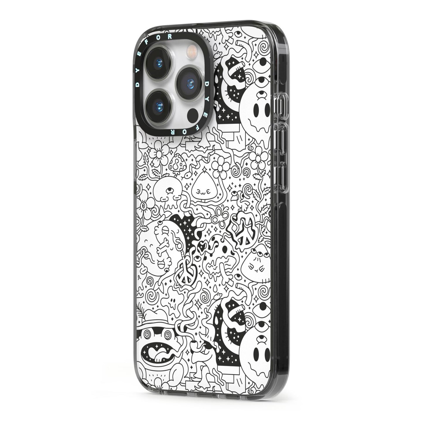 Psychedelic Cartoon iPhone 13 Pro Black Impact Case Side Angle on Silver phone