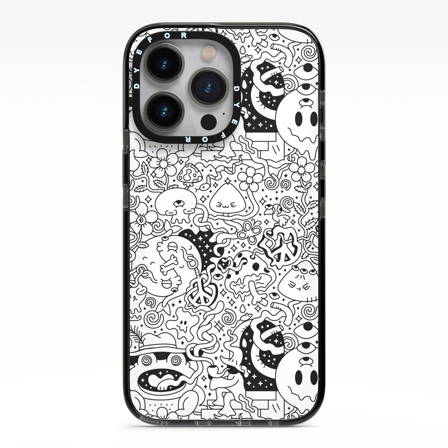 Psychedelic Cartoon iPhone 13 Pro Black Impact Case on Silver phone