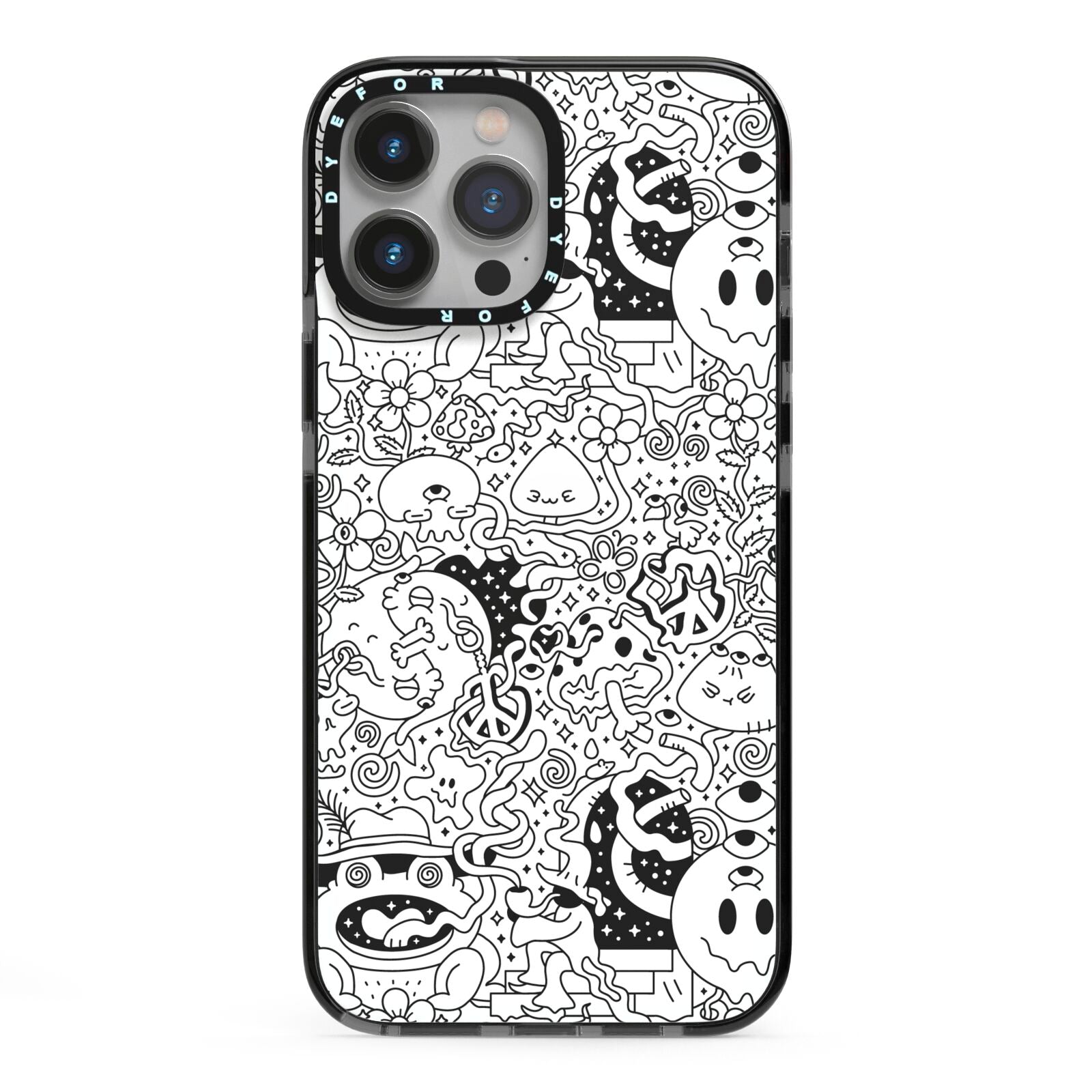 Psychedelic Cartoon iPhone 13 Pro Max Black Impact Case on Silver phone