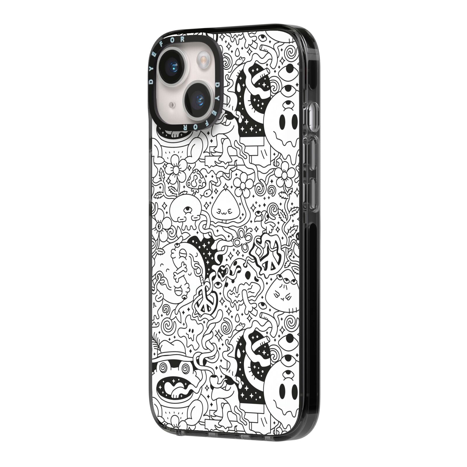 Psychedelic Cartoon iPhone 14 Black Impact Case Side Angle on Silver phone