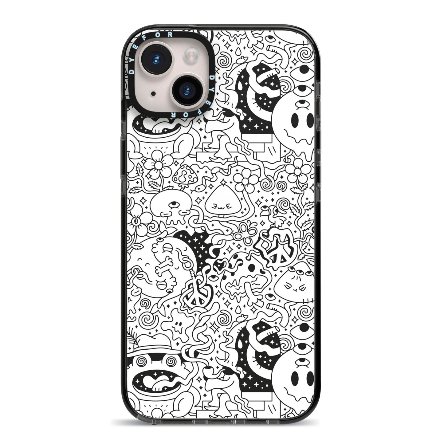 Psychedelic Cartoon iPhone 14 Plus Black Impact Case on Silver phone