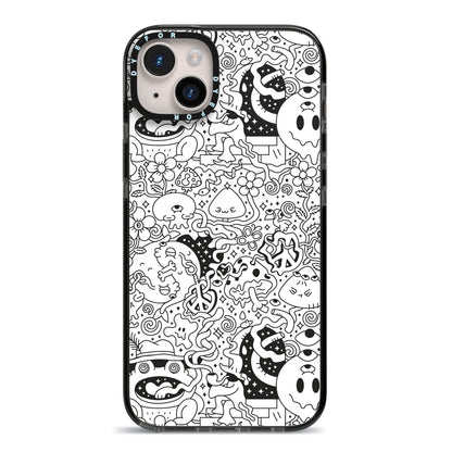 Psychedelic Cartoon iPhone 14 Plus Black Impact Case on Silver phone