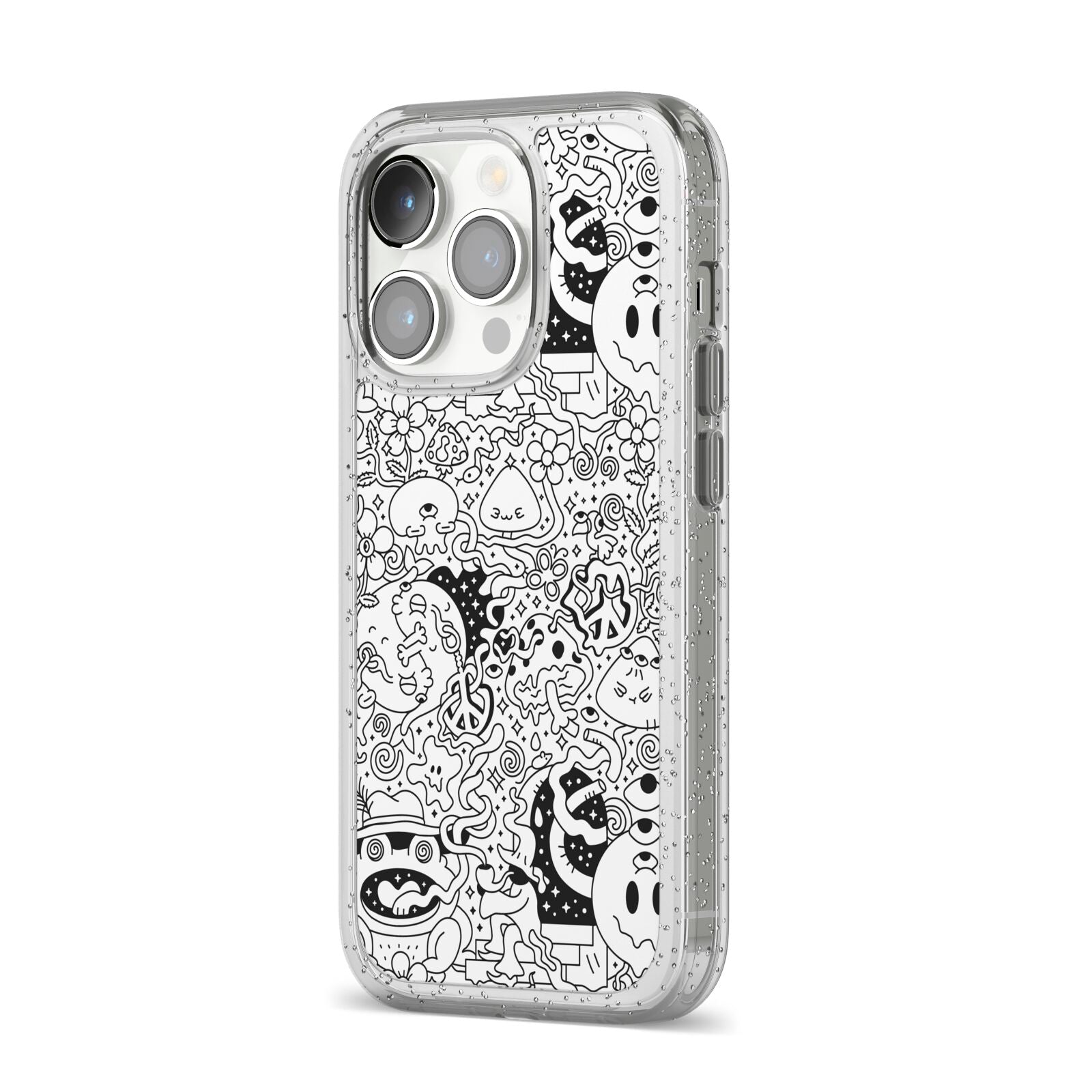 Psychedelic Cartoon iPhone 14 Pro Glitter Tough Case Silver Angled Image