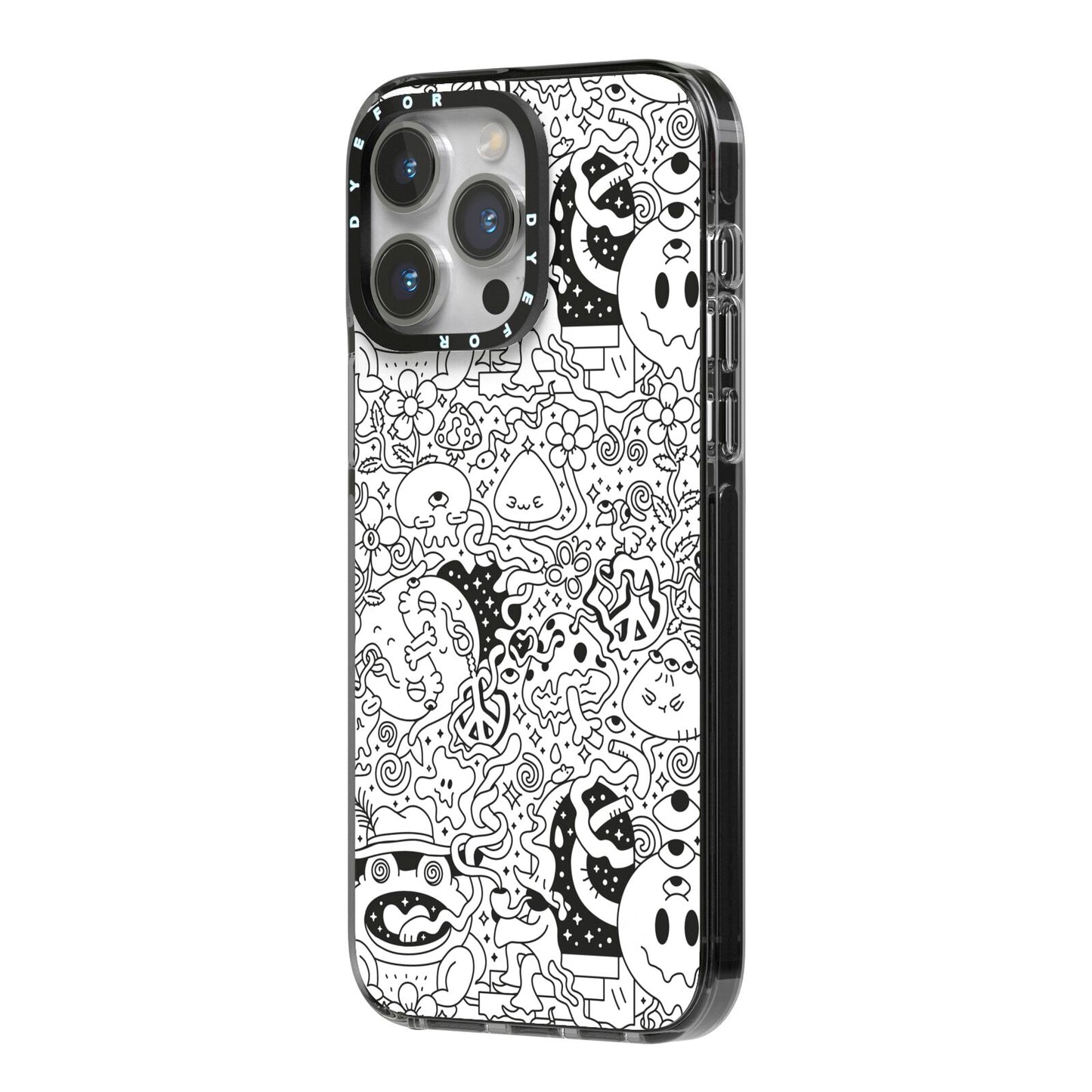 Psychedelic Cartoon iPhone 14 Pro Max Black Impact Case Side Angle on Silver phone