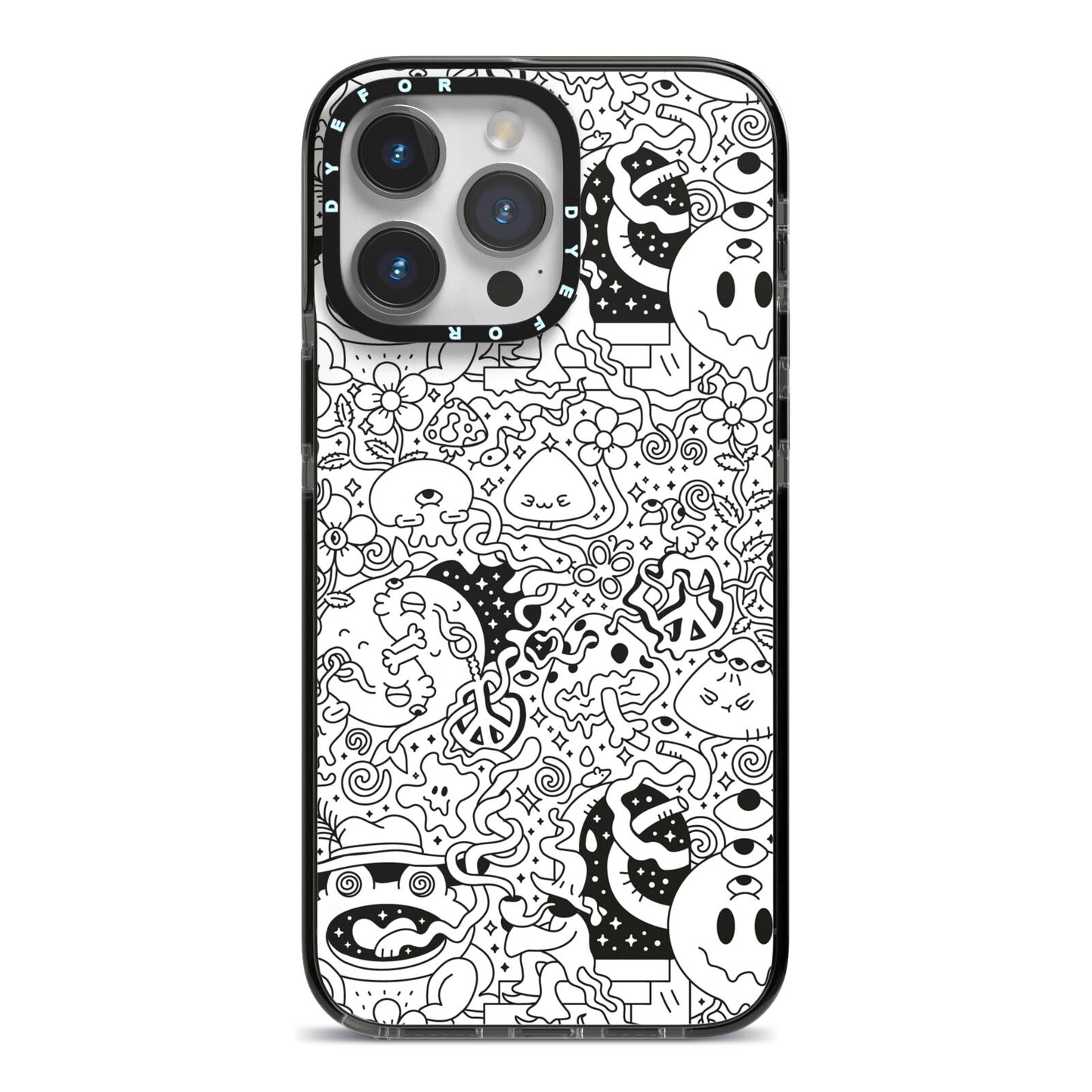 Psychedelic Cartoon iPhone 14 Pro Max Black Impact Case on Silver phone