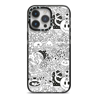 Psychedelic Cartoon iPhone 14 Pro Max Black Impact Case on Silver phone