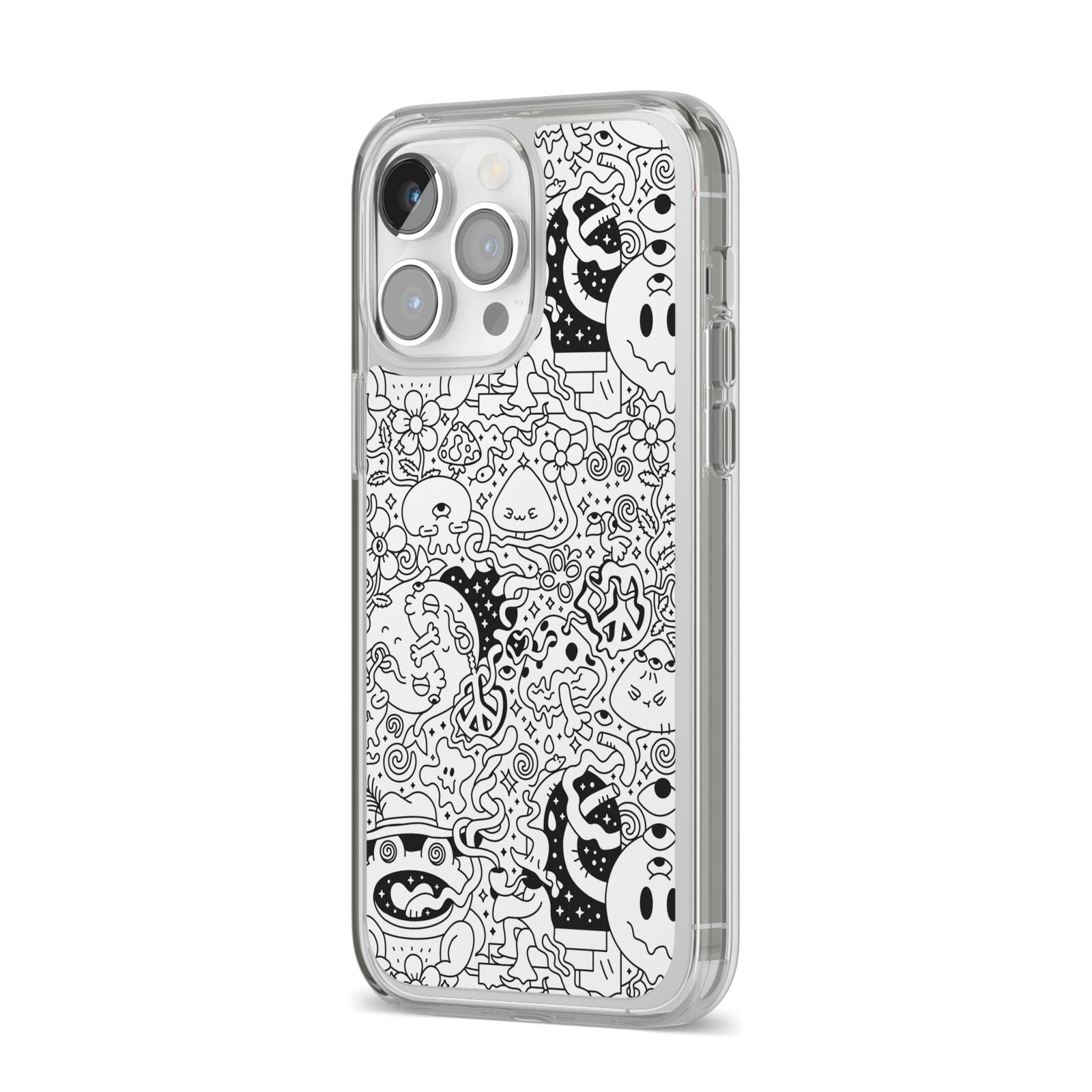Psychedelic Cartoon iPhone 14 Pro Max Clear Tough Case Silver Angled Image