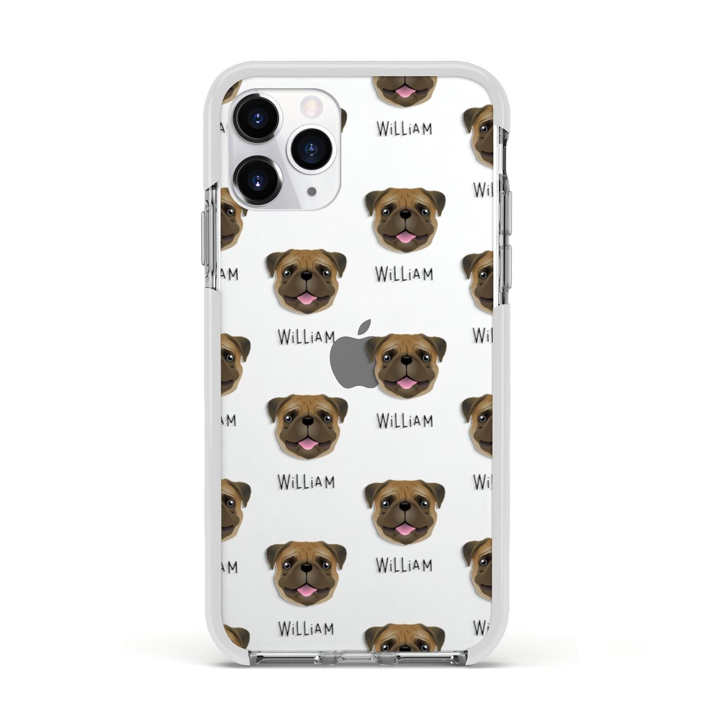 Pug Icon with Name Apple iPhone 11 Pro in Silver with White Impact Case