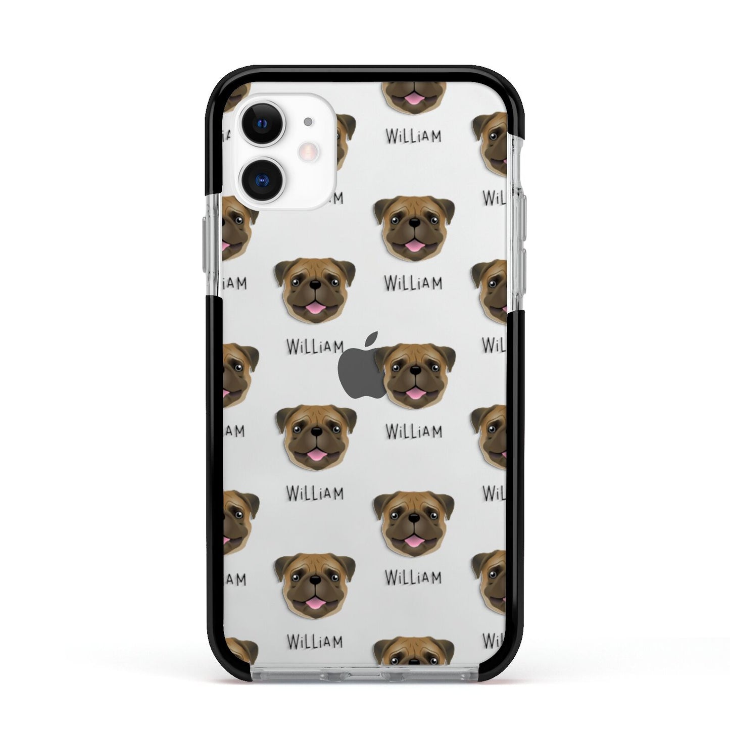 Pug Icon with Name Apple iPhone 11 in White with Black Impact Case