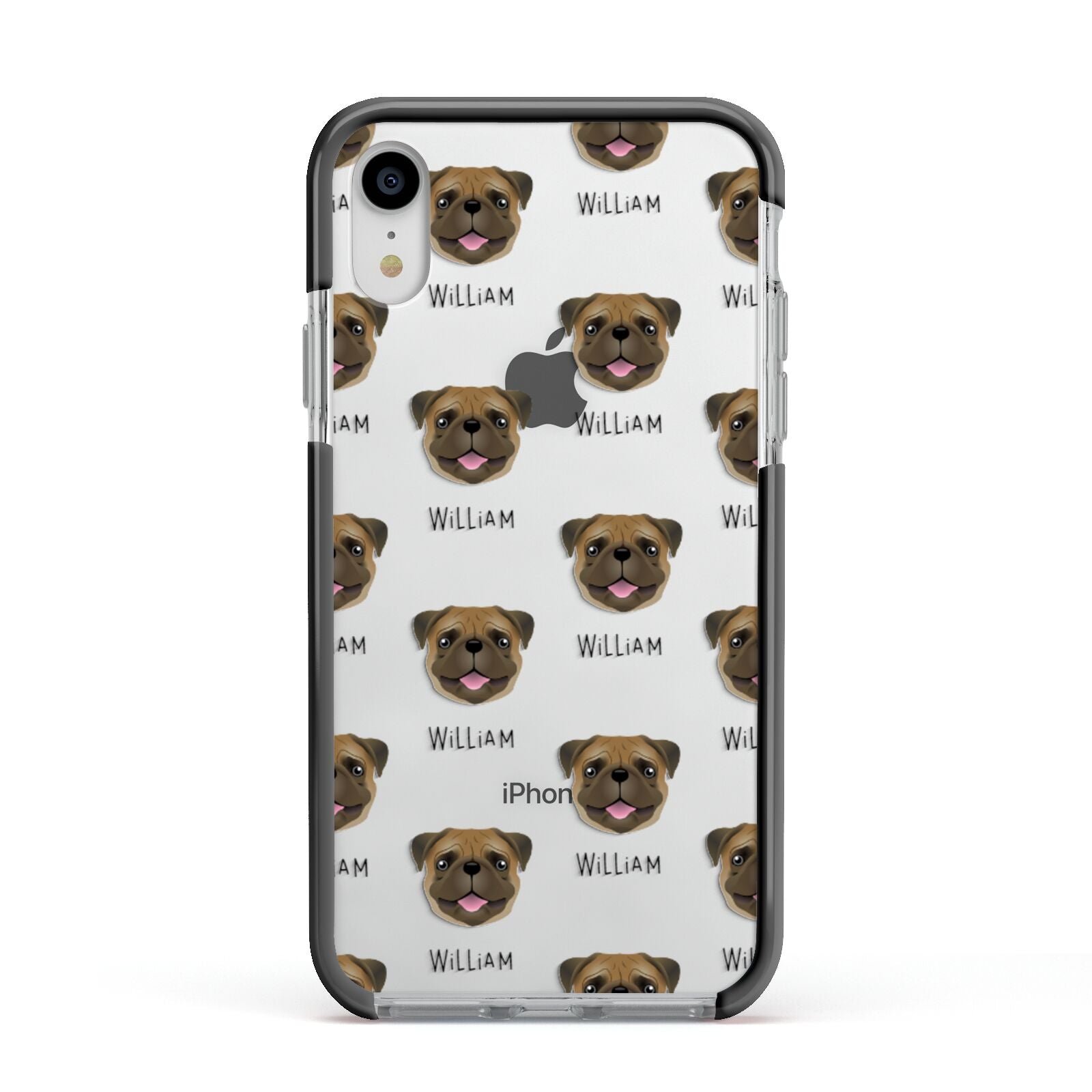 Pug Icon with Name Apple iPhone XR Impact Case Black Edge on Silver Phone