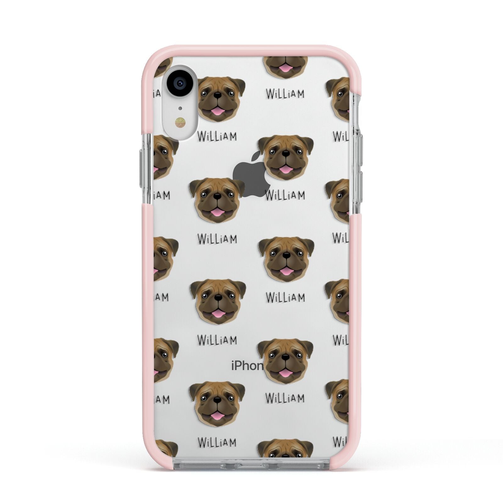 Pug Icon with Name Apple iPhone XR Impact Case Pink Edge on Silver Phone