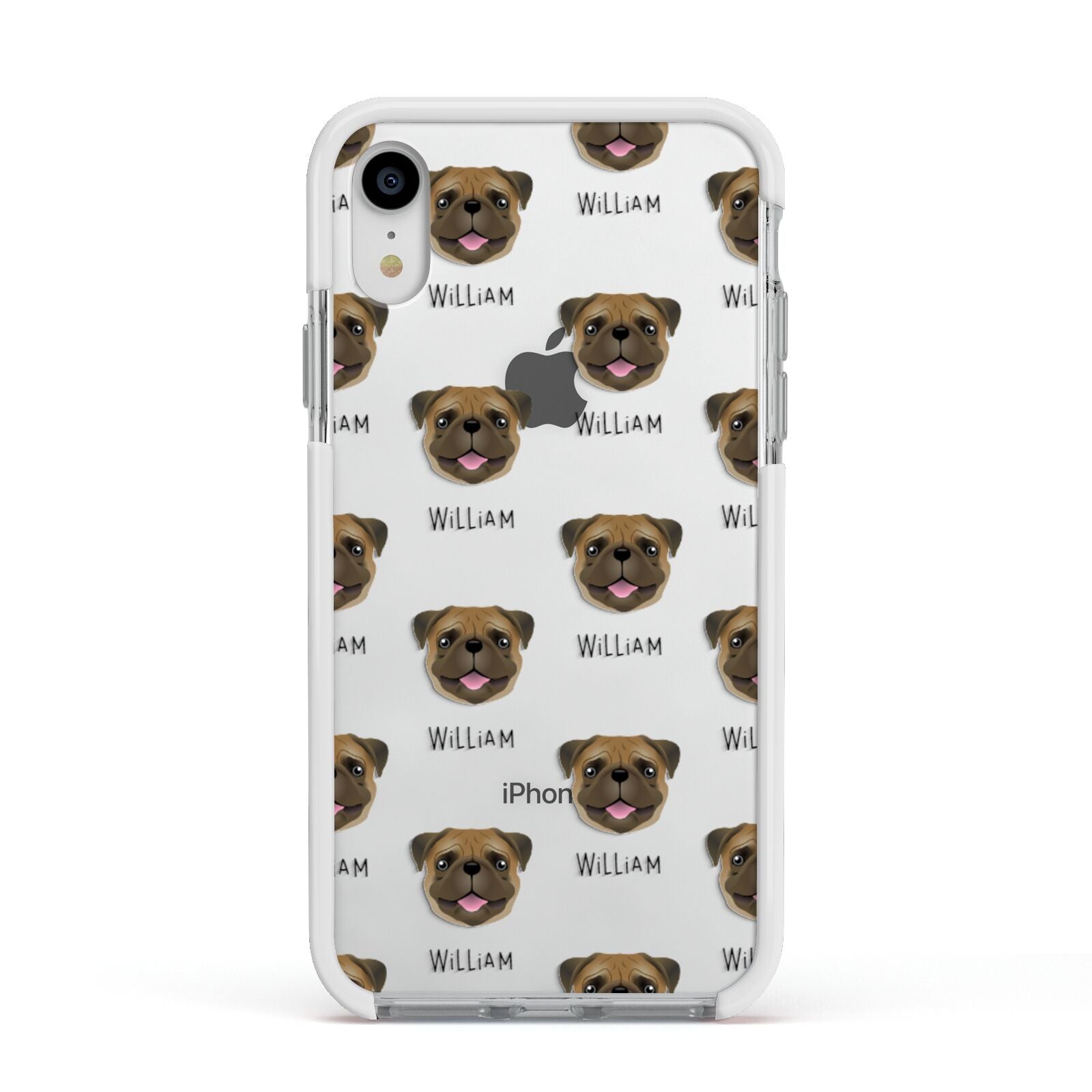 Pug Icon with Name Apple iPhone XR Impact Case White Edge on Silver Phone