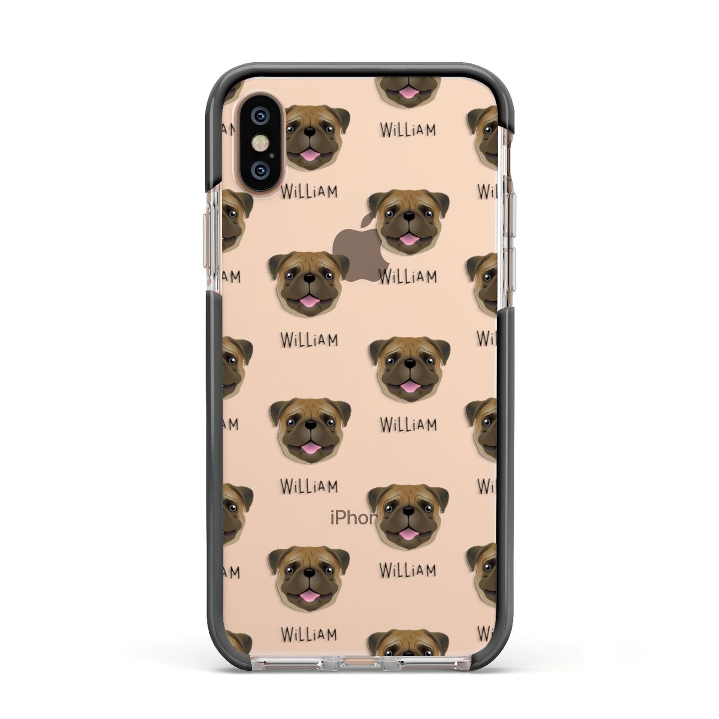 Pug Icon with Name Apple iPhone Xs Impact Case Black Edge on Gold Phone