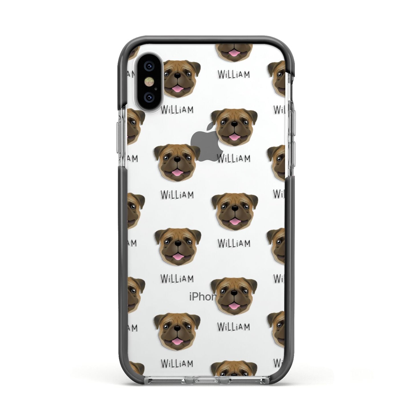 Pug Icon with Name Apple iPhone Xs Impact Case Black Edge on Silver Phone