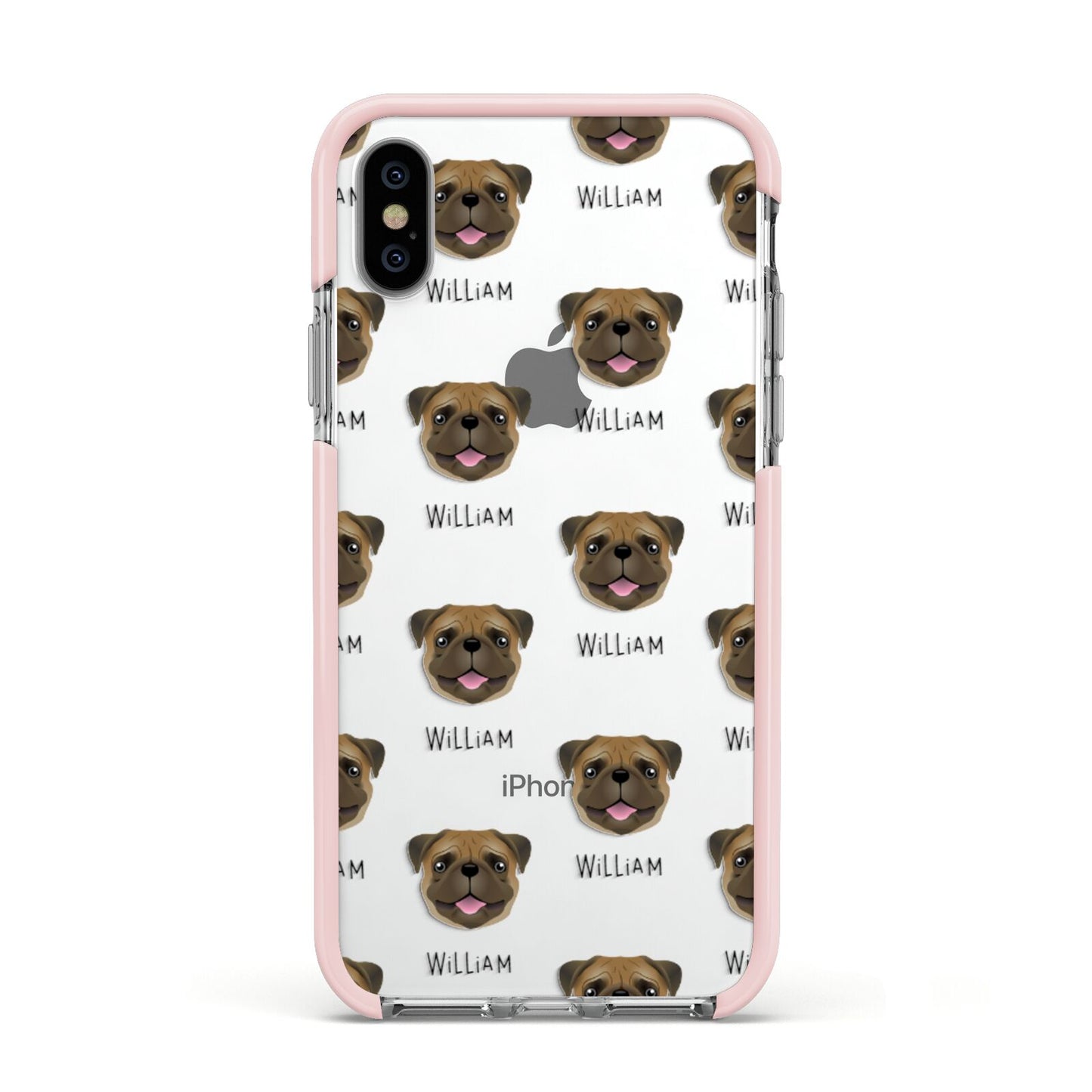 Pug Icon with Name Apple iPhone Xs Impact Case Pink Edge on Silver Phone