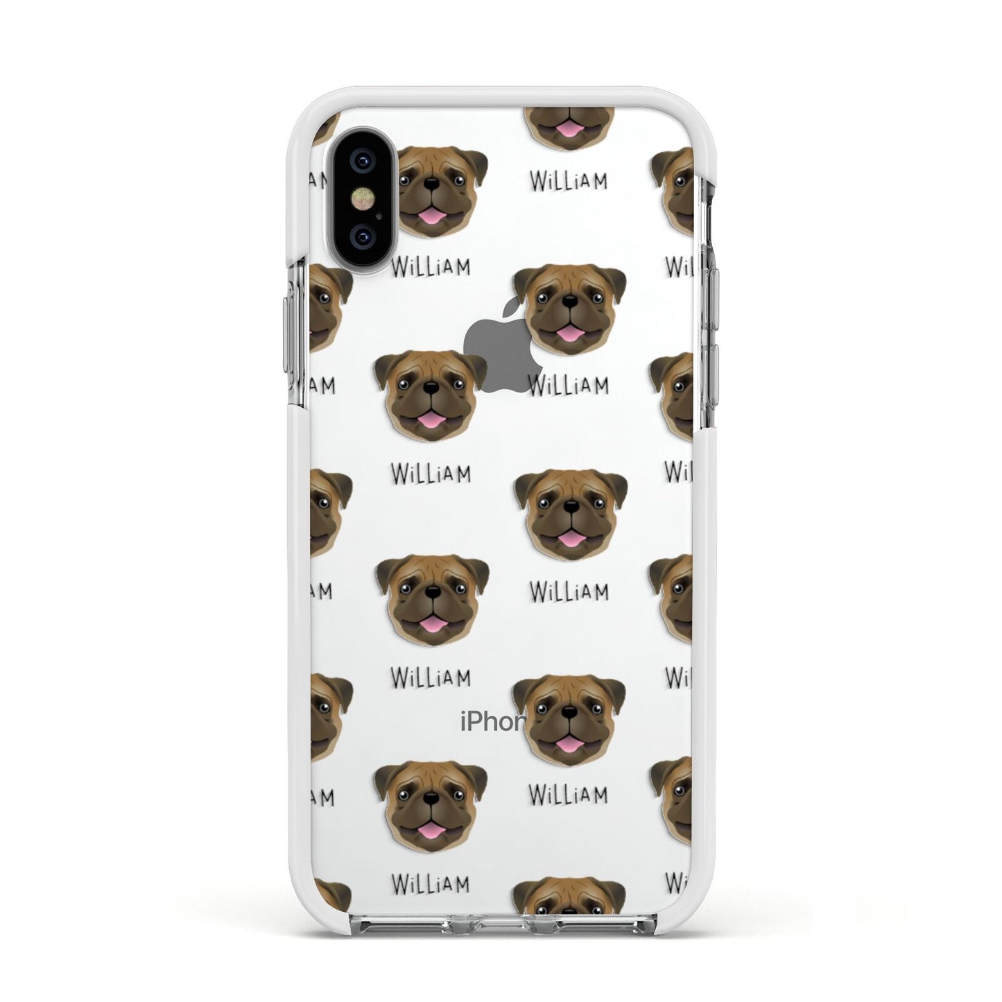 Pug Icon with Name Apple iPhone Xs Impact Case White Edge on Silver Phone