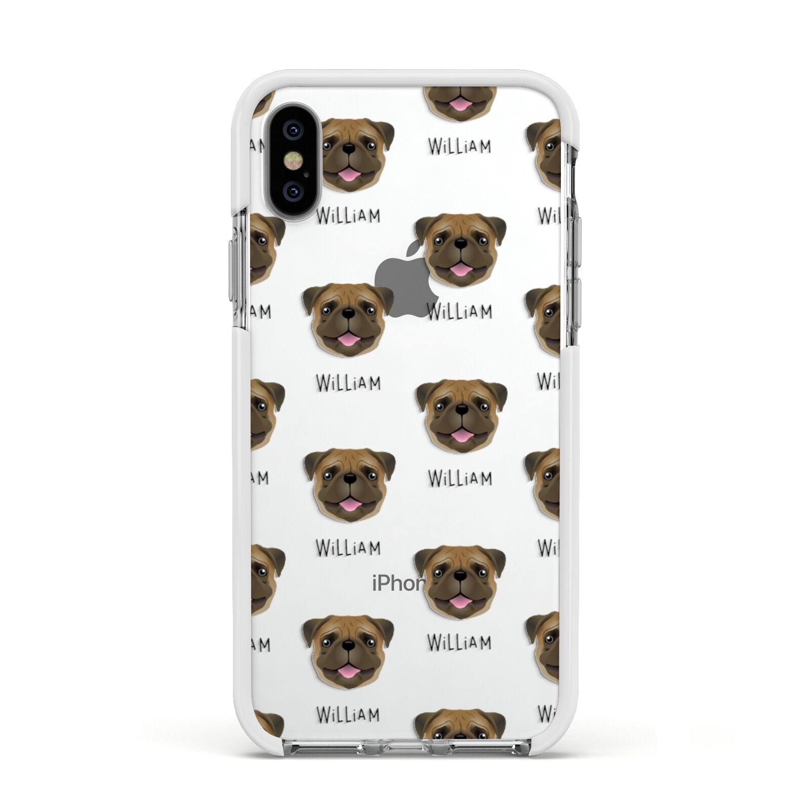Pug Icon with Name Apple iPhone Xs Impact Case White Edge on Silver Phone
