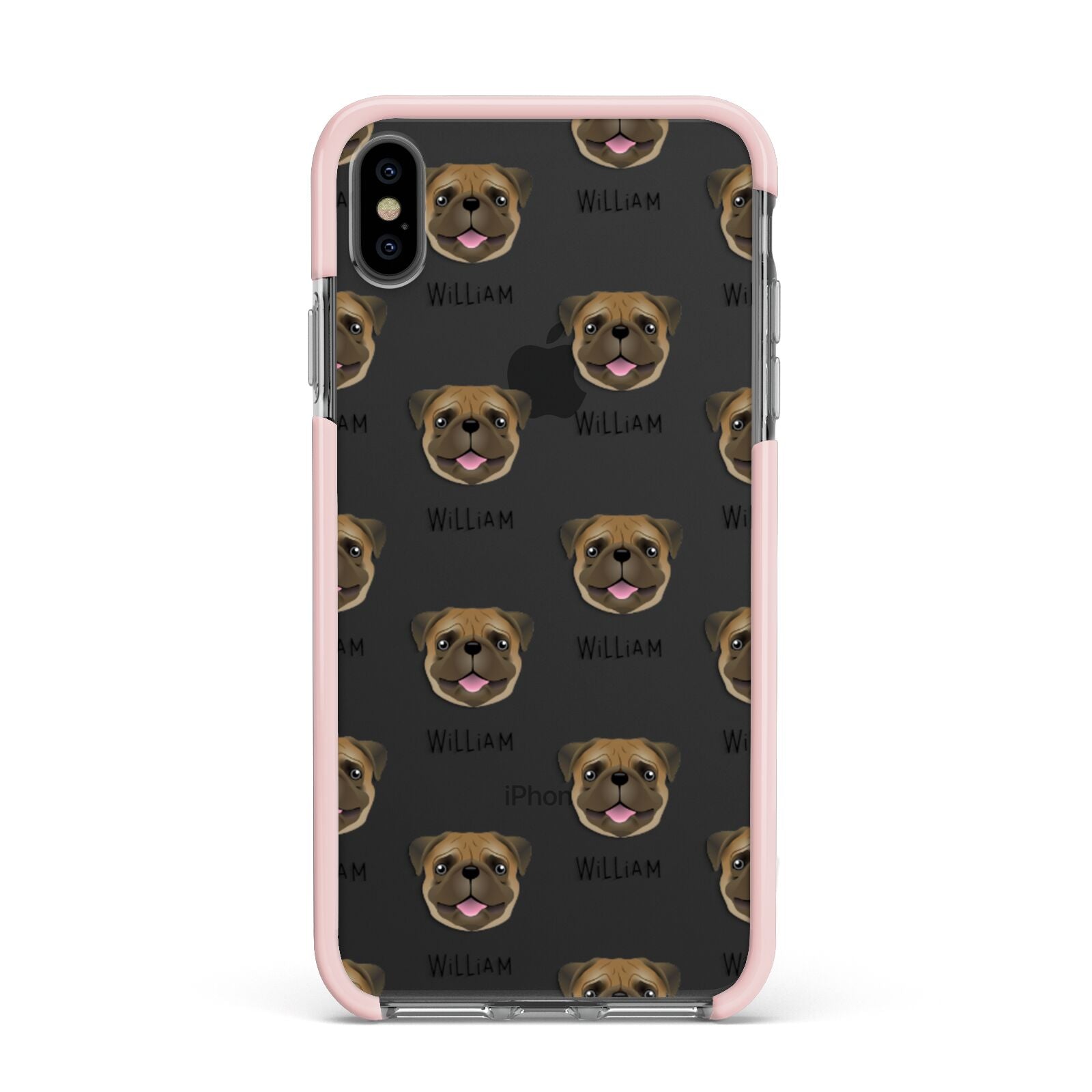 Pug Icon with Name Apple iPhone Xs Max Impact Case Pink Edge on Black Phone