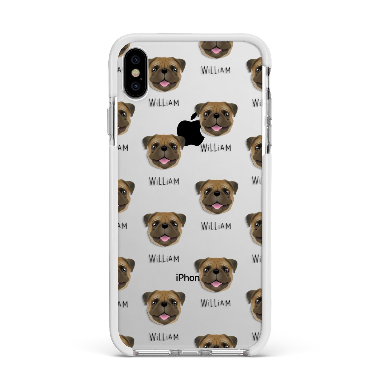 Pug Icon with Name Apple iPhone Xs Max Impact Case White Edge on Silver Phone
