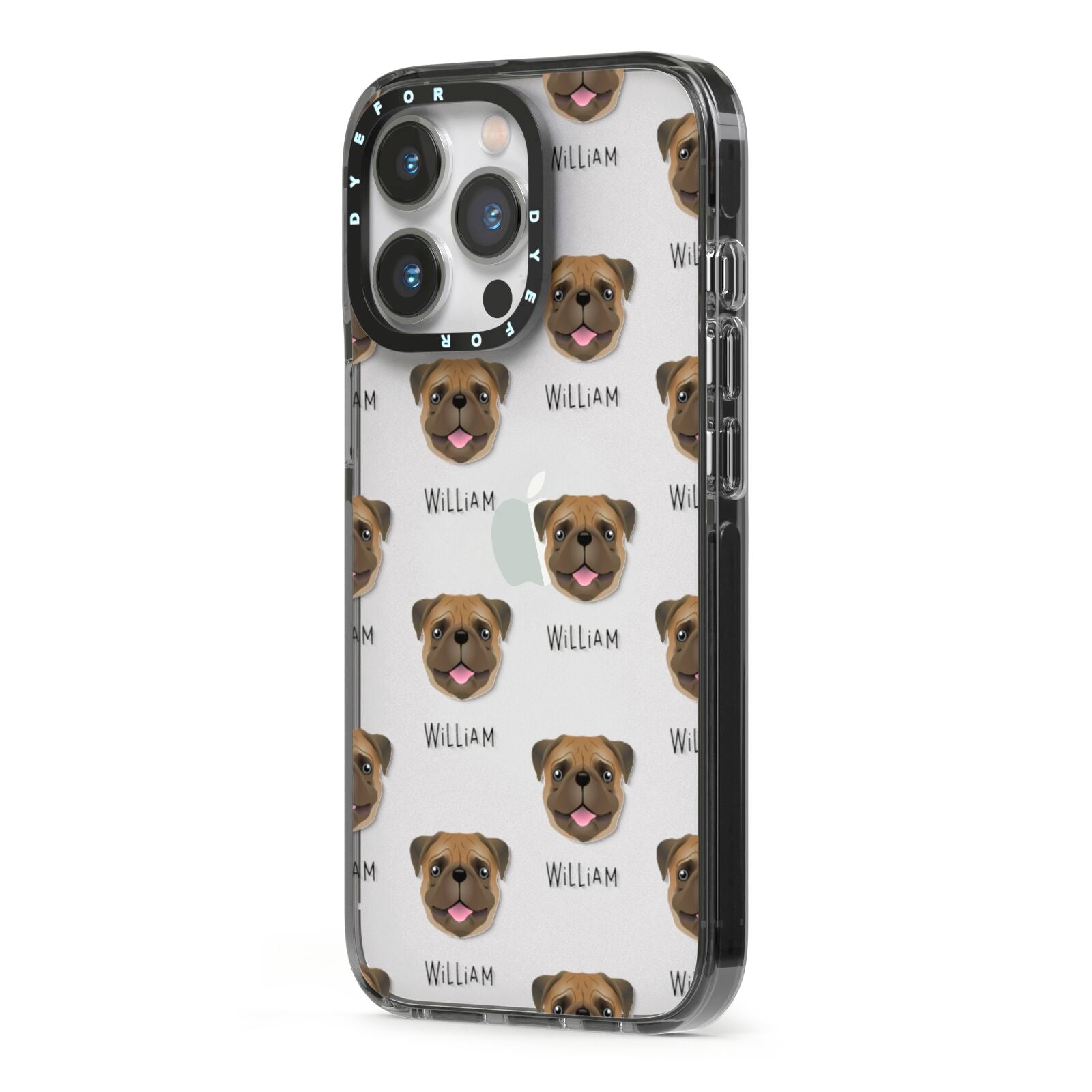 Pug Icon with Name iPhone 13 Pro Black Impact Case Side Angle on Silver phone