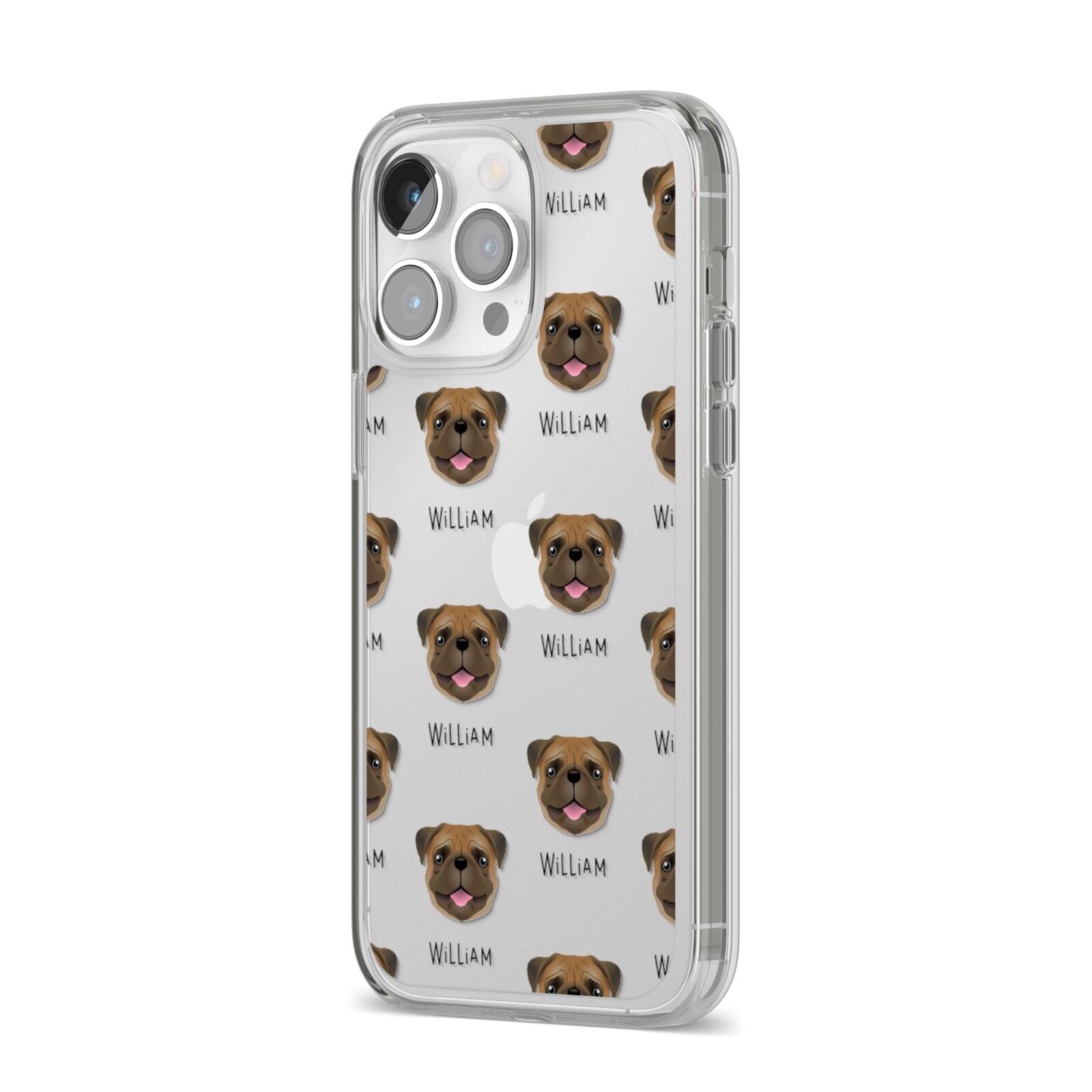 Pug Icon with Name iPhone 14 Pro Max Clear Tough Case Silver Angled Image