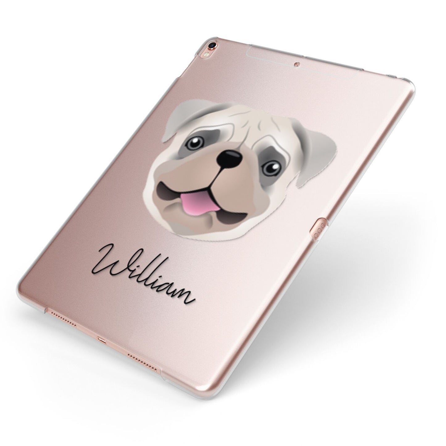 Pug Personalised Apple iPad Case on Rose Gold iPad Side View