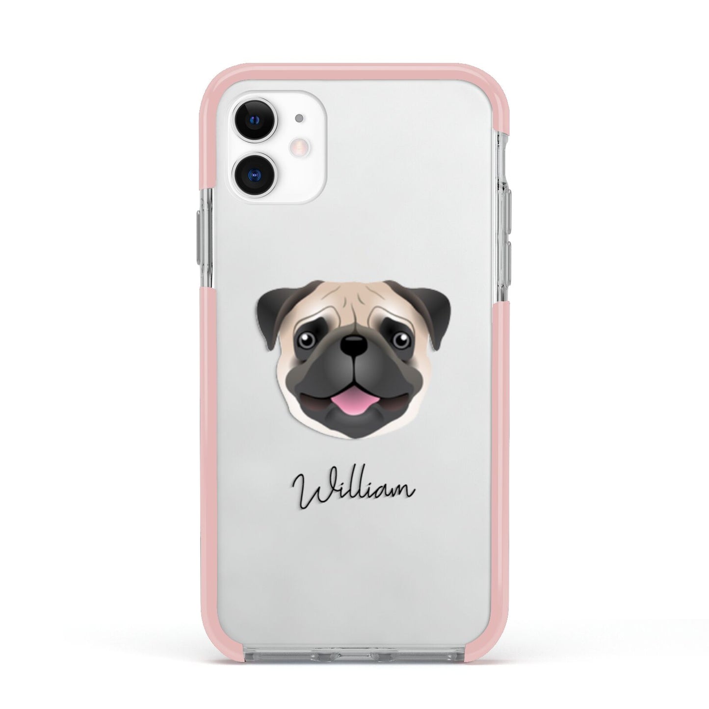 Pug Personalised Apple iPhone 11 in White with Pink Impact Case