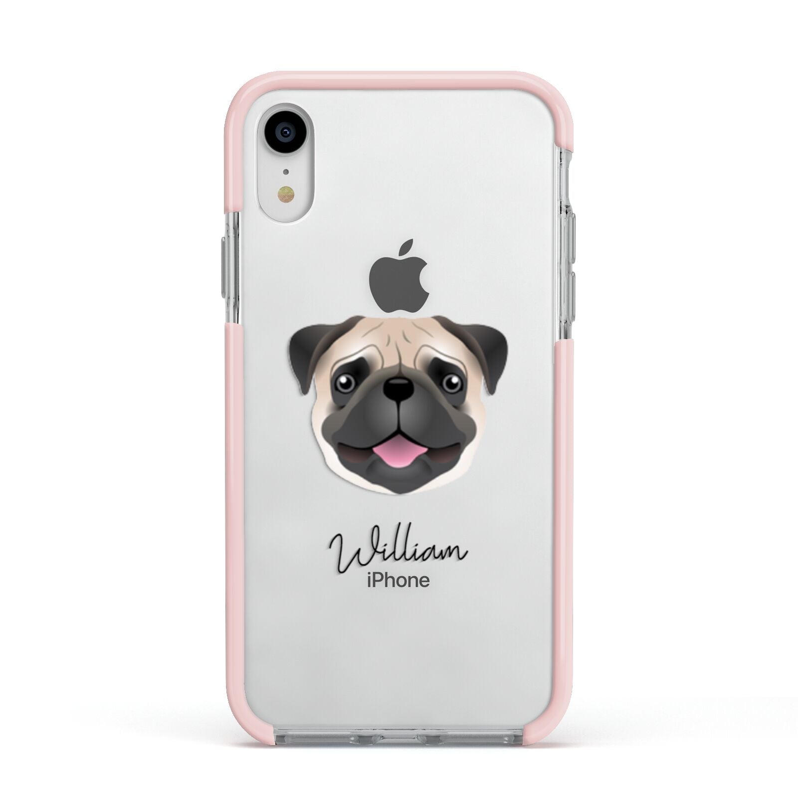 Pug Personalised Apple iPhone XR Impact Case Pink Edge on Silver Phone