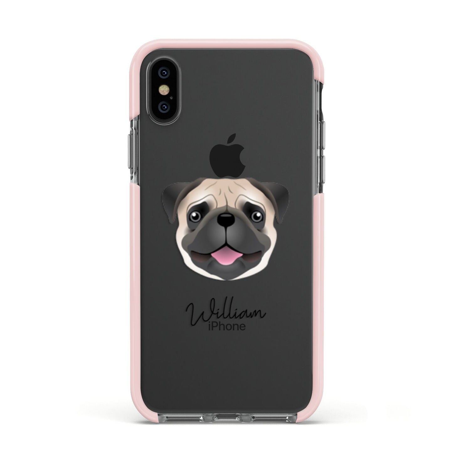 Pug Personalised Apple iPhone Xs Impact Case Pink Edge on Black Phone