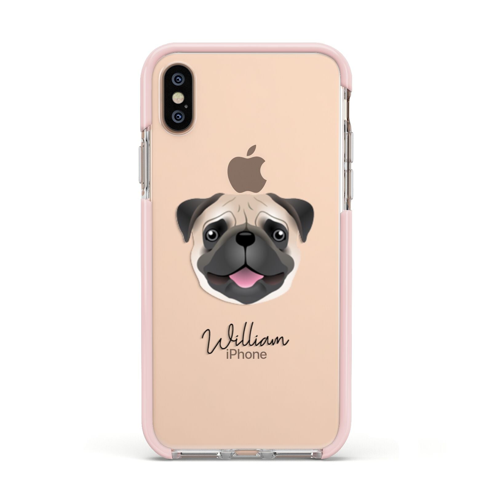 Pug Personalised Apple iPhone Xs Impact Case Pink Edge on Gold Phone