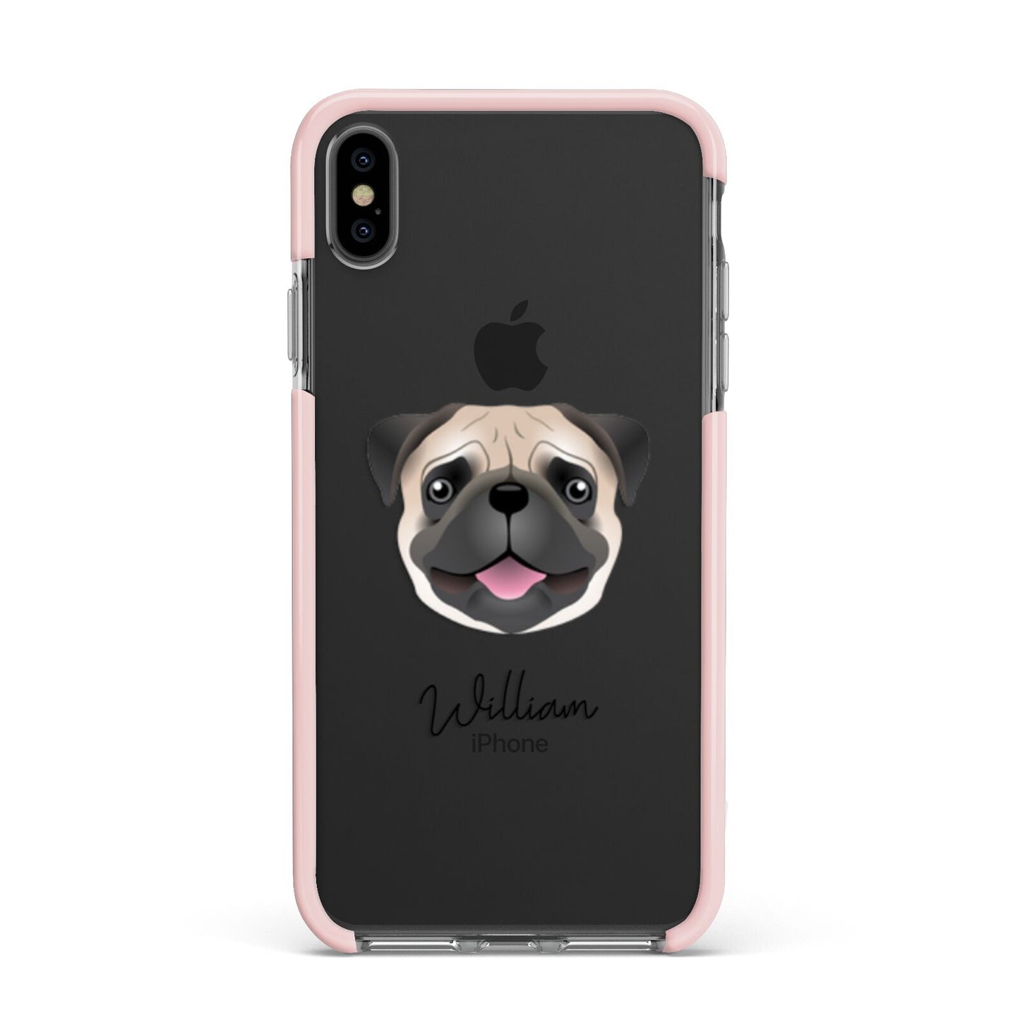 Pug Personalised Apple iPhone Xs Max Impact Case Pink Edge on Black Phone