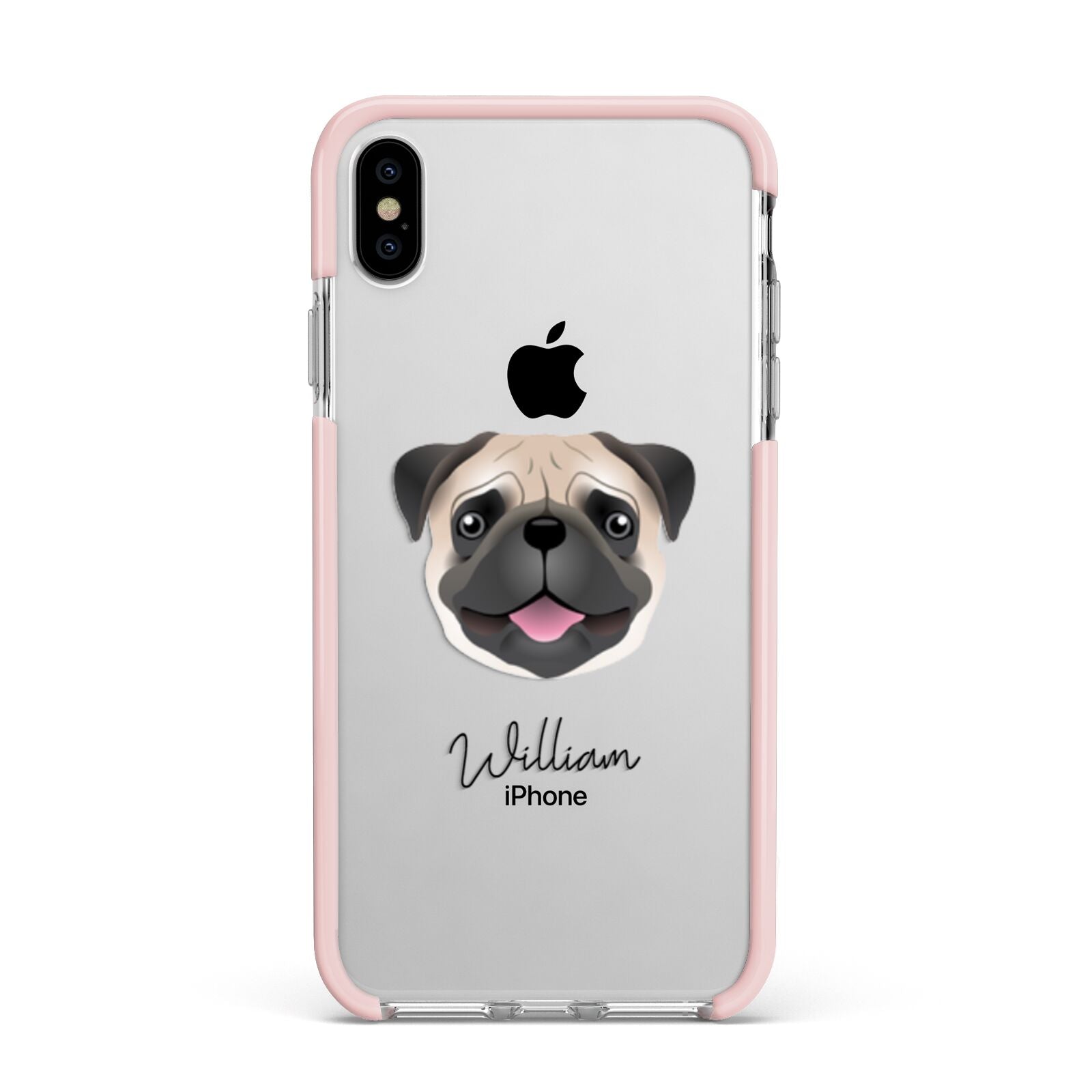 Pug Personalised Apple iPhone Xs Max Impact Case Pink Edge on Silver Phone