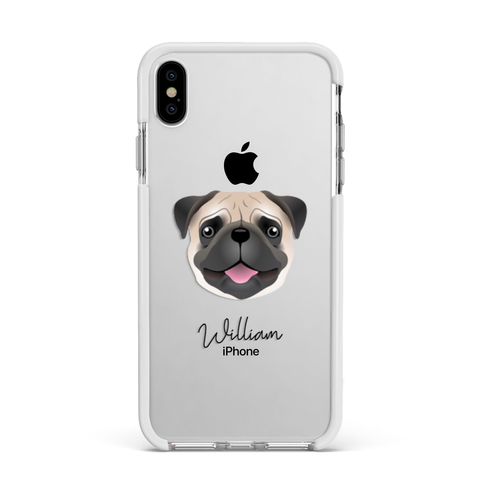 Pug Personalised Apple iPhone Xs Max Impact Case White Edge on Silver Phone
