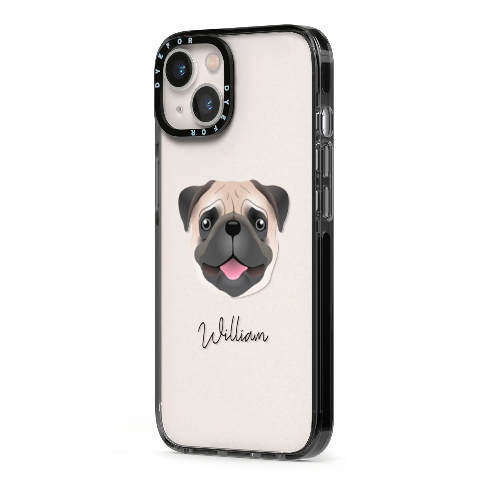 Pug Personalised iPhone 13 Black Impact Case Side Angle on Silver phone