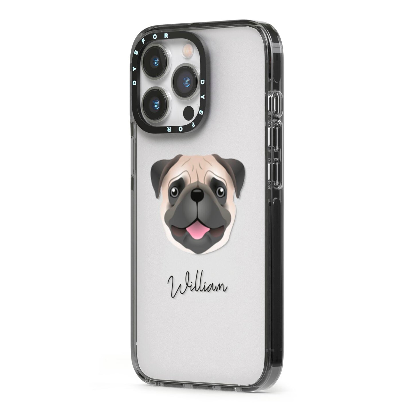 Pug Personalised iPhone 13 Pro Black Impact Case Side Angle on Silver phone