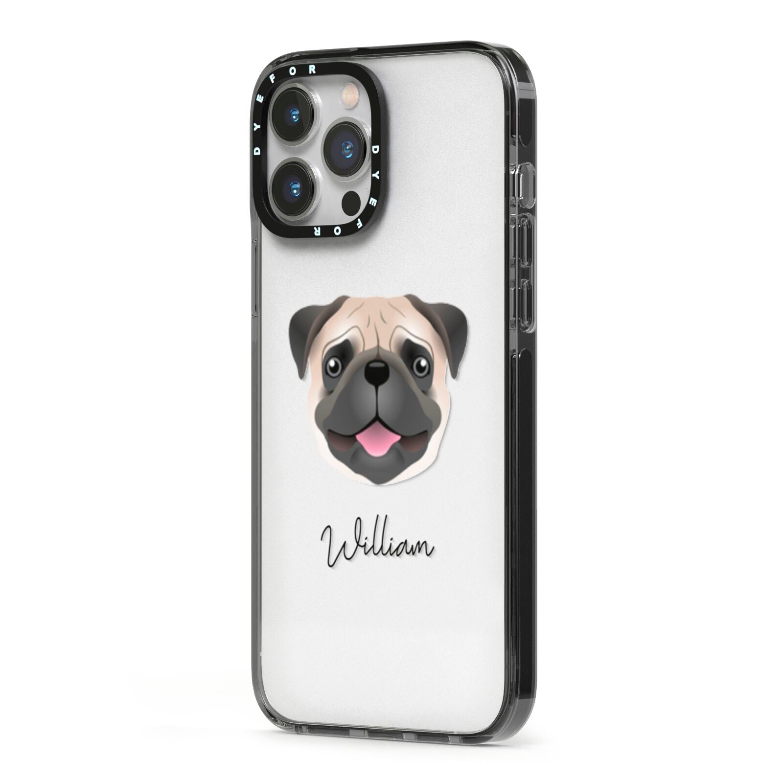 Pug Personalised iPhone 13 Pro Max Black Impact Case Side Angle on Silver phone