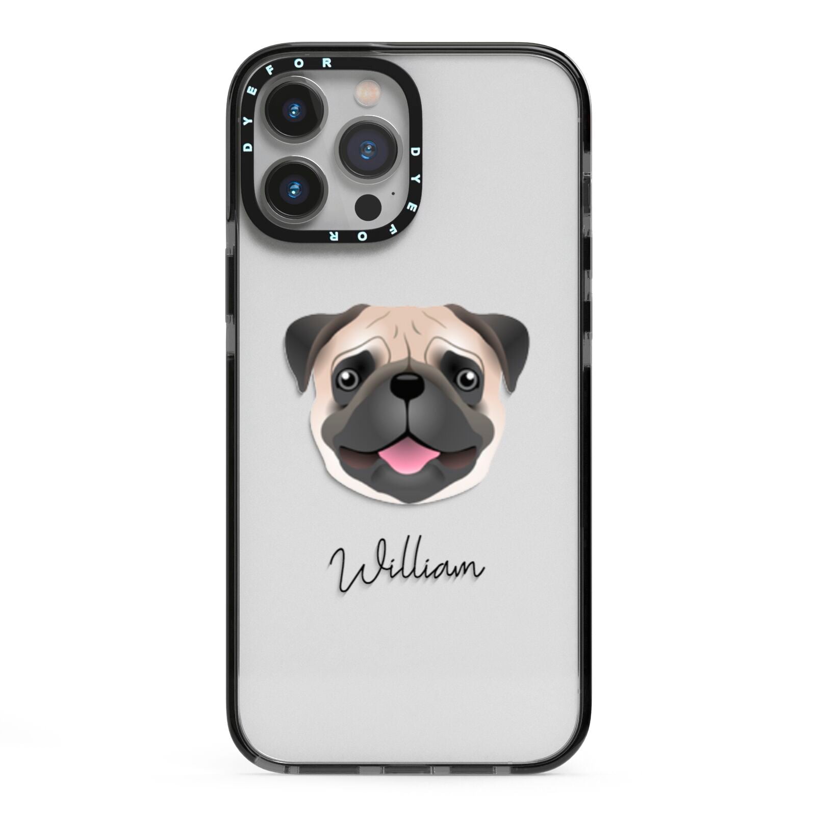 Pug Personalised iPhone 13 Pro Max Black Impact Case on Silver phone